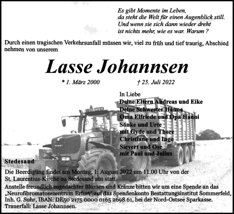  Traueranzeige für Lasse Johannsen vom 28.07.2022 aus Flensburger Tageblatt