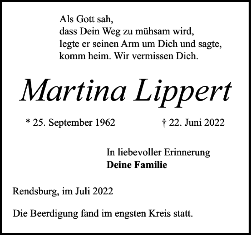  Traueranzeige für Martina Lippert vom 09.07.2022 aus Landeszeitung