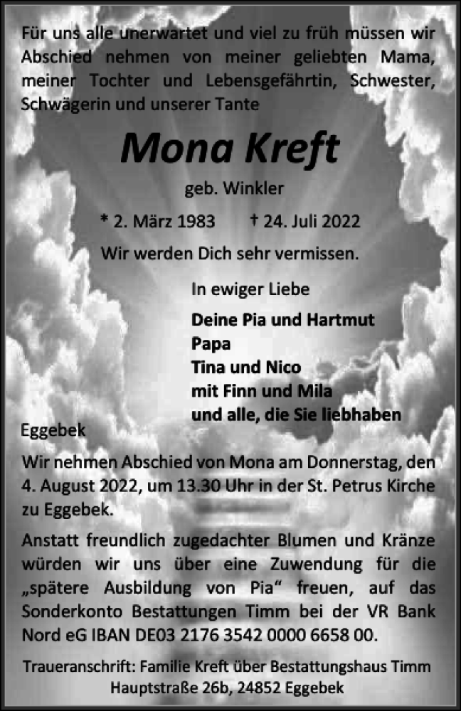  Traueranzeige für Mona Kreft vom 28.07.2022 aus Flensburger Tageblatt