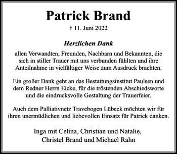 Traueranzeige von Patrick Brand von Stormarner Tageblatt