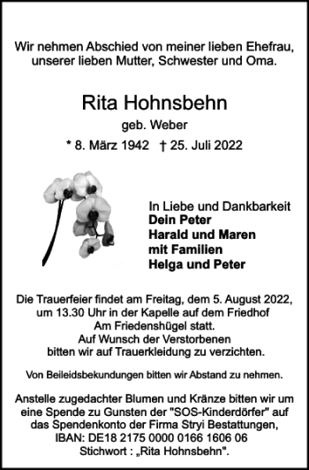 Traueranzeige von Rita Hohnsbehn von Flensburger Tageblatt