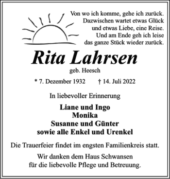 Traueranzeige von Rita Lahrsen von Eckernförder Zeitung
