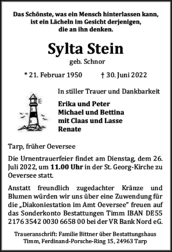 Traueranzeige von Sylta Stein von Flensburger Tageblatt