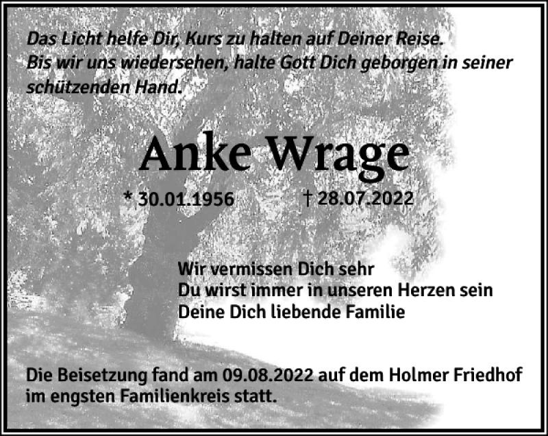  Traueranzeige für Anke Wrage vom 13.08.2022 aus Wedel-Schulauer Tageblatt