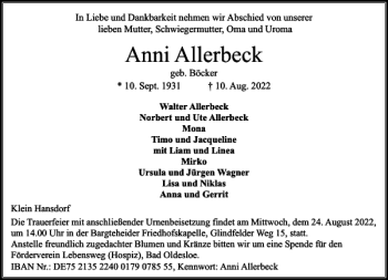 Traueranzeige von Anni Allerbeck von Stormarner Tageblatt