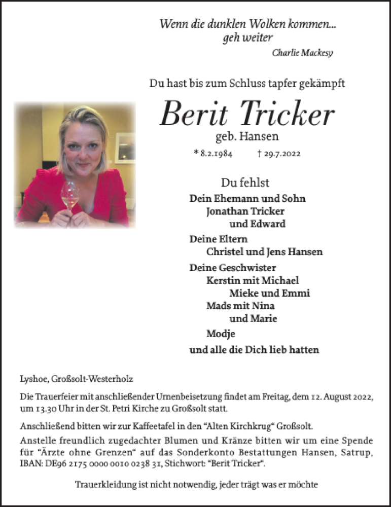  Traueranzeige für Berit Tricker vom 06.08.2022 aus Flensburger Tageblatt