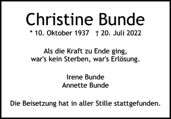 Traueranzeige von Christine Bunde von Pinneberger Tageblatt