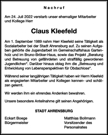 Traueranzeige von Claus Kleefeld von Stormarner Tageblatt