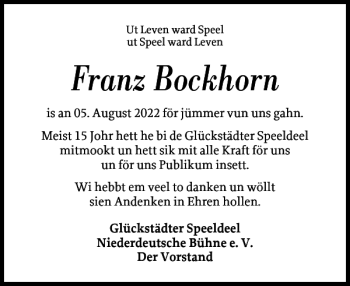 Traueranzeige von Franz Bockhorn von Norddeutsche Rundschau