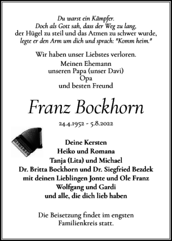 Traueranzeige von Franz Bockhorn von Norddeutsche Rundschau
