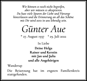 Traueranzeige von Günter Aue von Flensburger Tageblatt