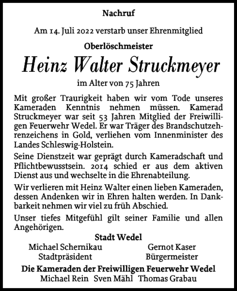 Traueranzeigen von Heinz Walter Struckmeyer | sh:z Trauer