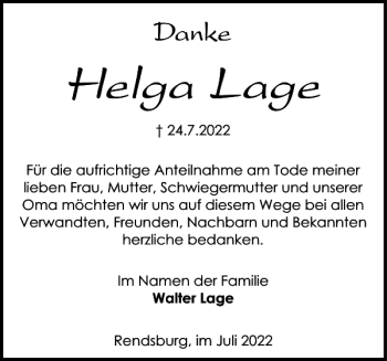 Traueranzeige von Helga Lage von Landeszeitung
