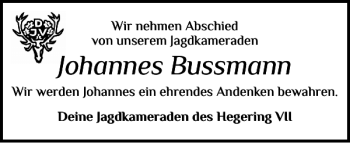 Traueranzeige von Johannes Bussmann von Flensburger Tageblatt
