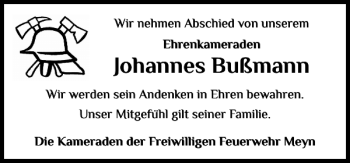 Traueranzeige von Johannes Bußmann von Flensburger Tageblatt