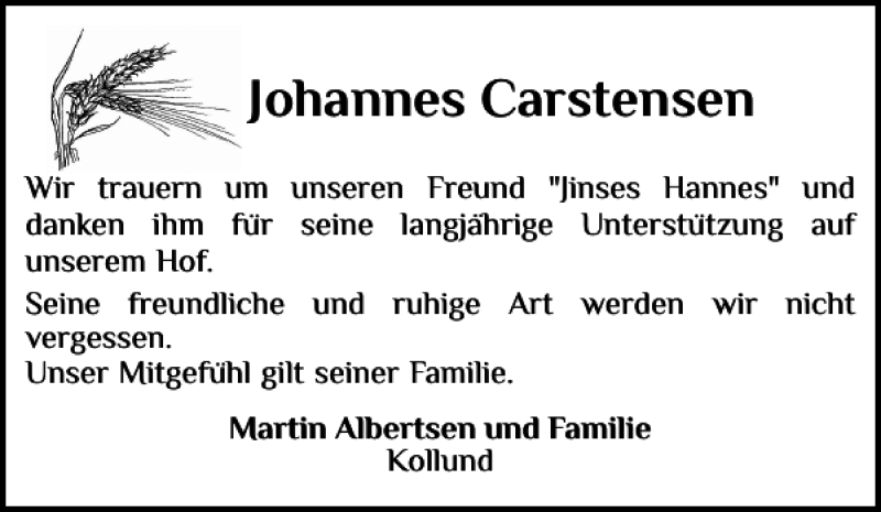  Traueranzeige für Johannes Carstensen vom 15.08.2022 aus Husumer Nachrichten