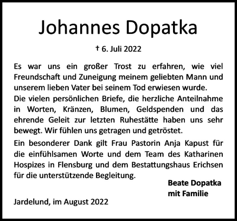  Traueranzeige für Johannes Dopatka vom 06.08.2022 aus Flensburger Tageblatt