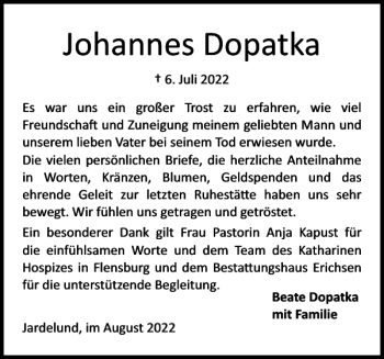 Traueranzeige von Johannes Dopatka von Flensburger Tageblatt