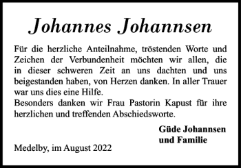 Traueranzeige von Johannes Johannsen von Flensburger Tageblatt