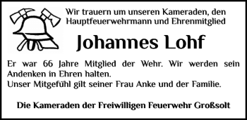 Traueranzeige von Johannes Lohf von Flensburger Tageblatt
