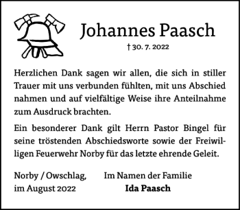 Traueranzeige von Johannes Paasch von Landeszeitung