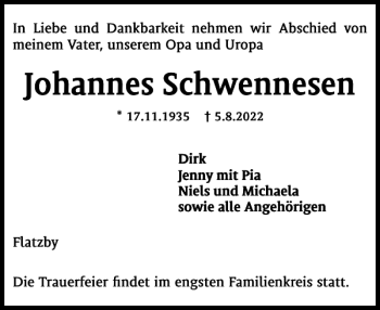 Traueranzeige von Johannes Schwennesen von Flensburger Tageblatt
