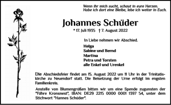 Traueranzeige von Johannes Schüder von Elmshorner Nachrichten
