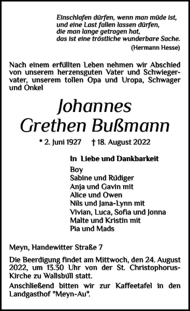  Traueranzeige für Johannes Grethen Bußmann vom 20.08.2022 aus Flensburger Tageblatt