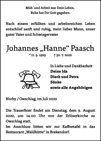 Traueranzeige von Johannes Hanne Paasch von Landeszeitung