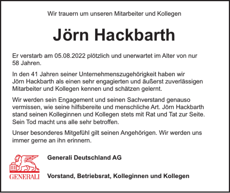  Traueranzeige für Jörn Hackbarth vom 27.08.2022 aus Wedel-Schulauer Tageblatt