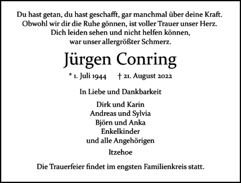  Traueranzeige für Jürgen Conring vom 27.08.2022 aus Norddeutsche Rundschau