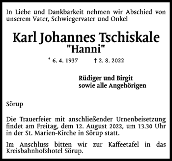 Traueranzeige von Karl Johannes Tschiskale von Flensburger Tageblatt