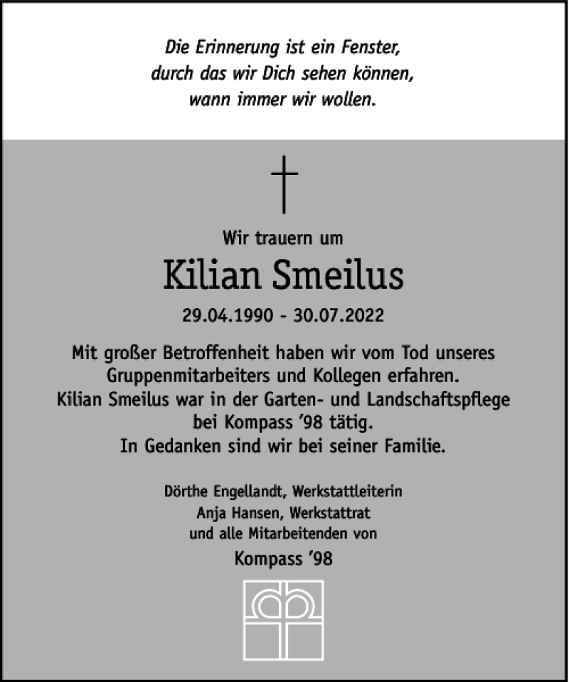  Traueranzeige für Kilian Smeilus vom 17.08.2022 aus Eckernförder Zeitung