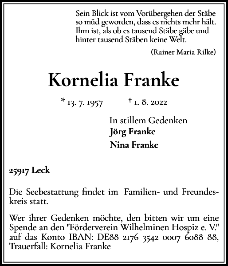  Traueranzeige für Kornelia Franke vom 06.08.2022 aus Nordfriesland Tageblatt