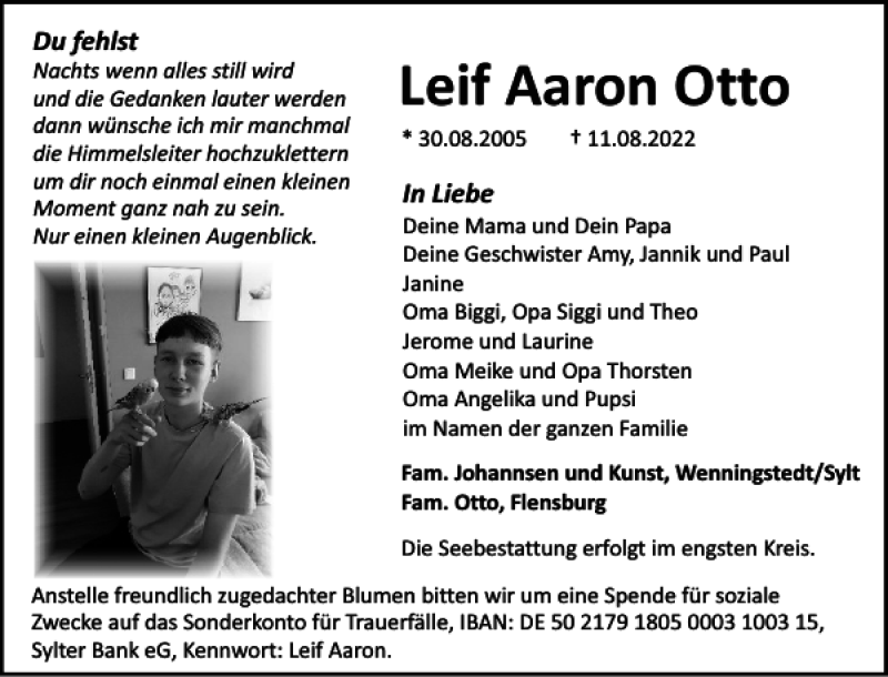  Traueranzeige für Leif Aaron Otto vom 20.08.2022 aus Sylter Rundschau