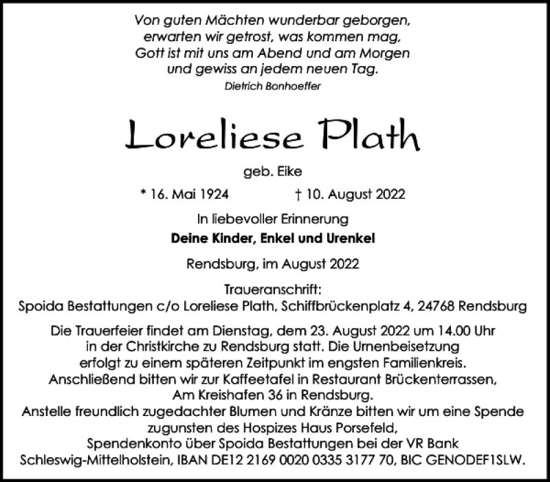  Traueranzeige für Loreliese Plath vom 19.08.2022 aus Landeszeitung