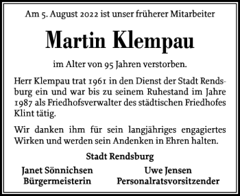 Traueranzeige von Martin Klempau von Landeszeitung