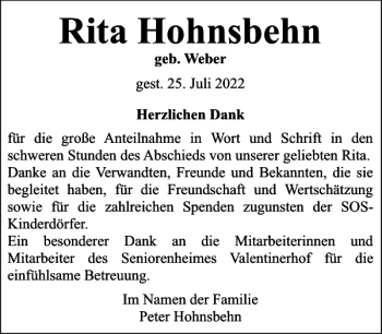 Traueranzeige von Rita Hohnsbehn von Flensburger Tageblatt