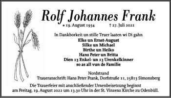 Traueranzeige von Rolf Johannes Frank von Husumer Nachrichten