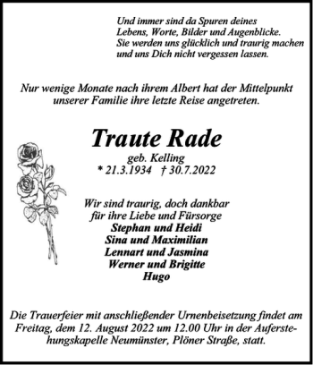 Traueranzeige von Traute Rade von Holsteinischer Courier