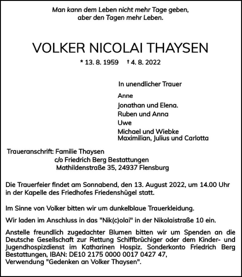  Traueranzeige für VOLKER NICOLAI THAYSEN vom 06.08.2022 aus Flensburger Tageblatt
