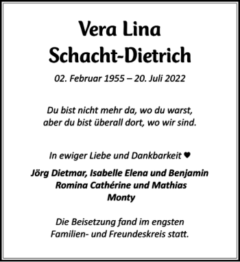 Traueranzeige von Vera Lina Schacht-Dietrich von Stormarner Tageblatt