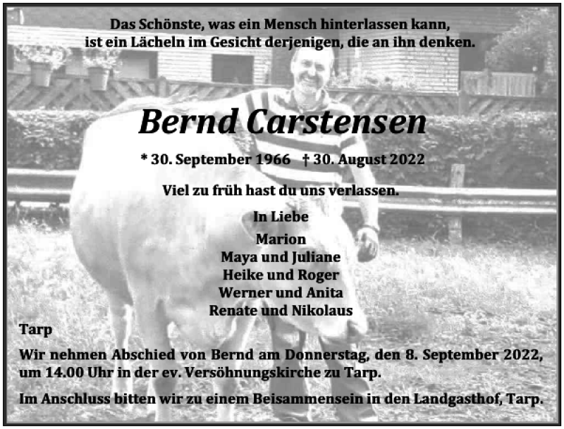  Traueranzeige für Bernd Carstensen vom 03.09.2022 aus Flensburger Tageblatt