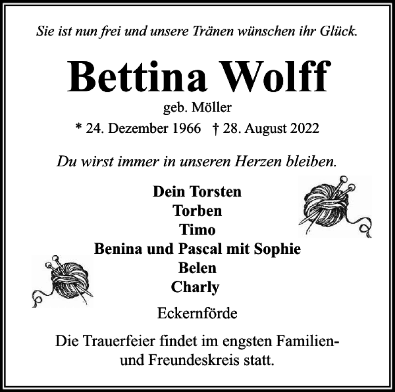  Traueranzeige für Bettina Wolff vom 03.09.2022 aus Eckernförder Zeitung