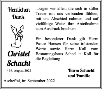 Traueranzeige von Christel Schacht von Landeszeitung