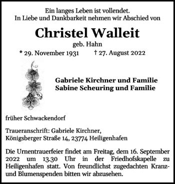 Traueranzeige von Christel Walleit von Schlei-Bote