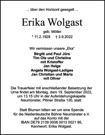 Traueranzeige von Erika Wolgast von Holsteinischer Courier