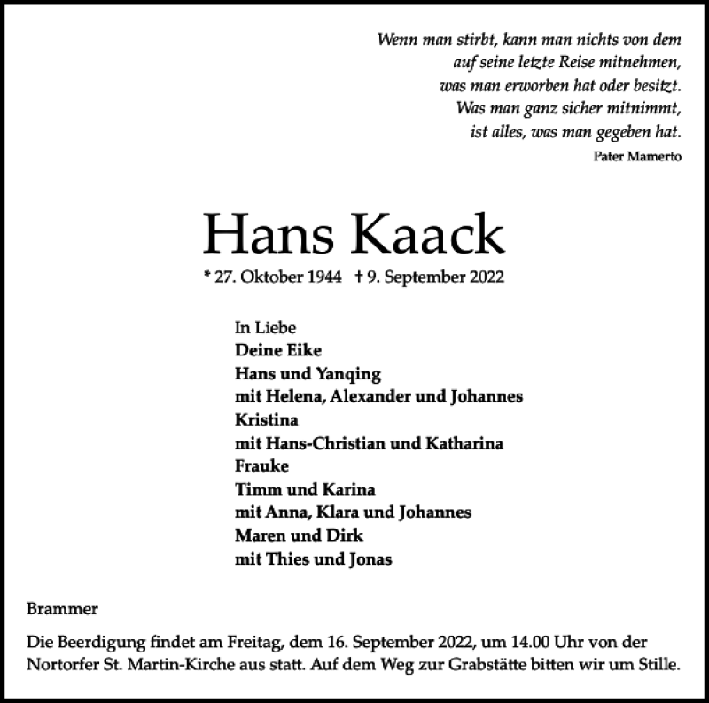  Traueranzeige für Hans Kaack vom 13.09.2022 aus Landeszeitung