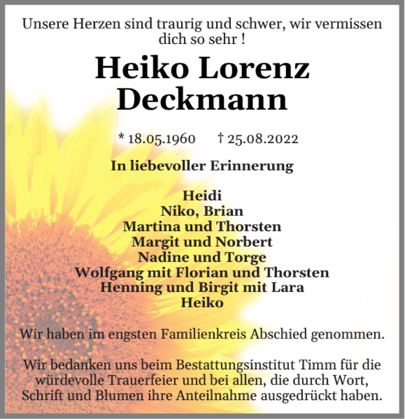  Traueranzeige für Heiko Lorenz Deckmann vom 10.09.2022 aus Husumer Nachrichten