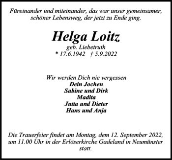 Traueranzeige von Helga Loitz von Holsteinischer Courier